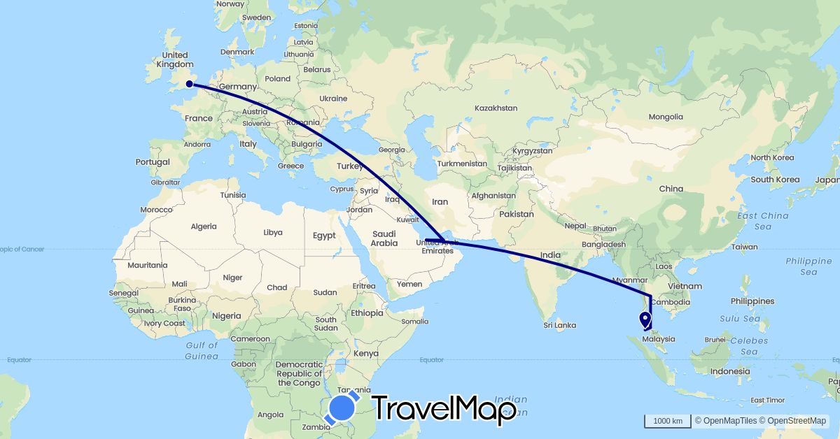 TravelMap itinerary: driving in United Arab Emirates, United Kingdom, Qatar, Thailand (Asia, Europe)